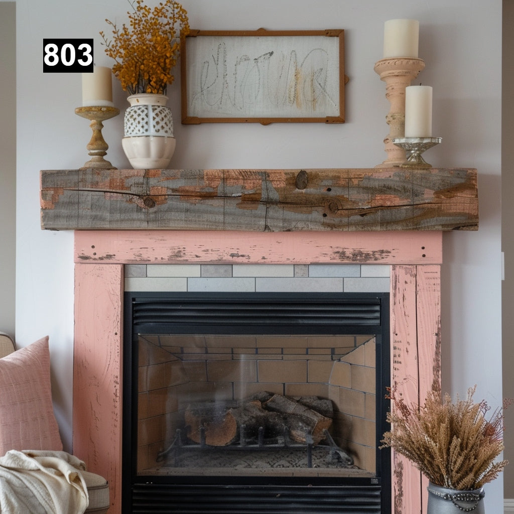 rustic reclaimed wood farmhouse custom beam floating solid distressed handcrafted barn shabby chic fireplace timber vintage style made Canada natural unique eco-friendly home decor iron legs corbels wrap-around