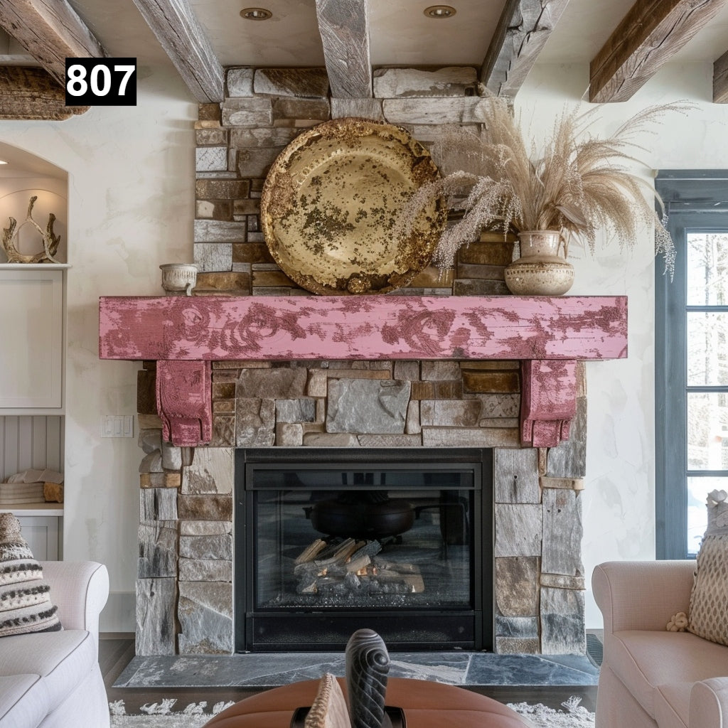 rustic reclaimed wood farmhouse custom beam floating solid distressed handcrafted barn shabby chic fireplace timber vintage style made Canada natural unique eco-friendly home decor iron legs corbels wrap-around