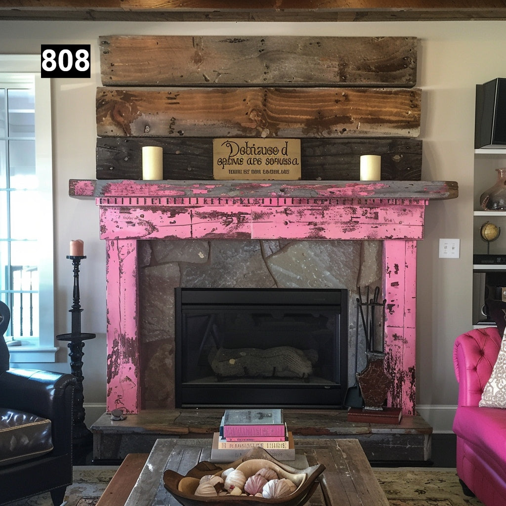 rustic reclaimed wood farmhouse custom beam floating solid distressed handcrafted barn shabby chic fireplace timber vintage style made Canada natural unique eco-friendly home decor iron legs corbels wrap-around