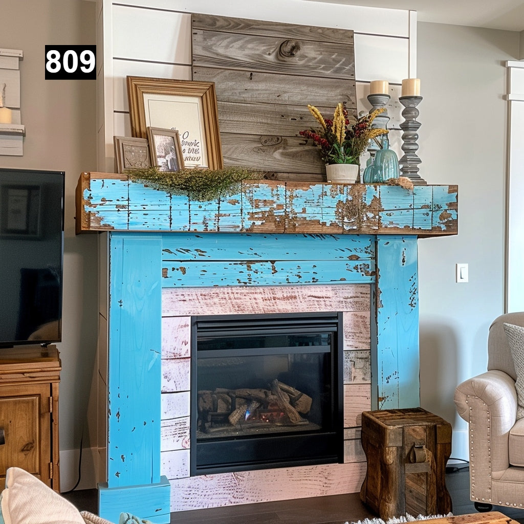 rustic reclaimed wood farmhouse custom beam floating solid distressed handcrafted barn shabby chic fireplace timber vintage style made Canada natural unique eco-friendly home decor iron legs corbels wrap-around