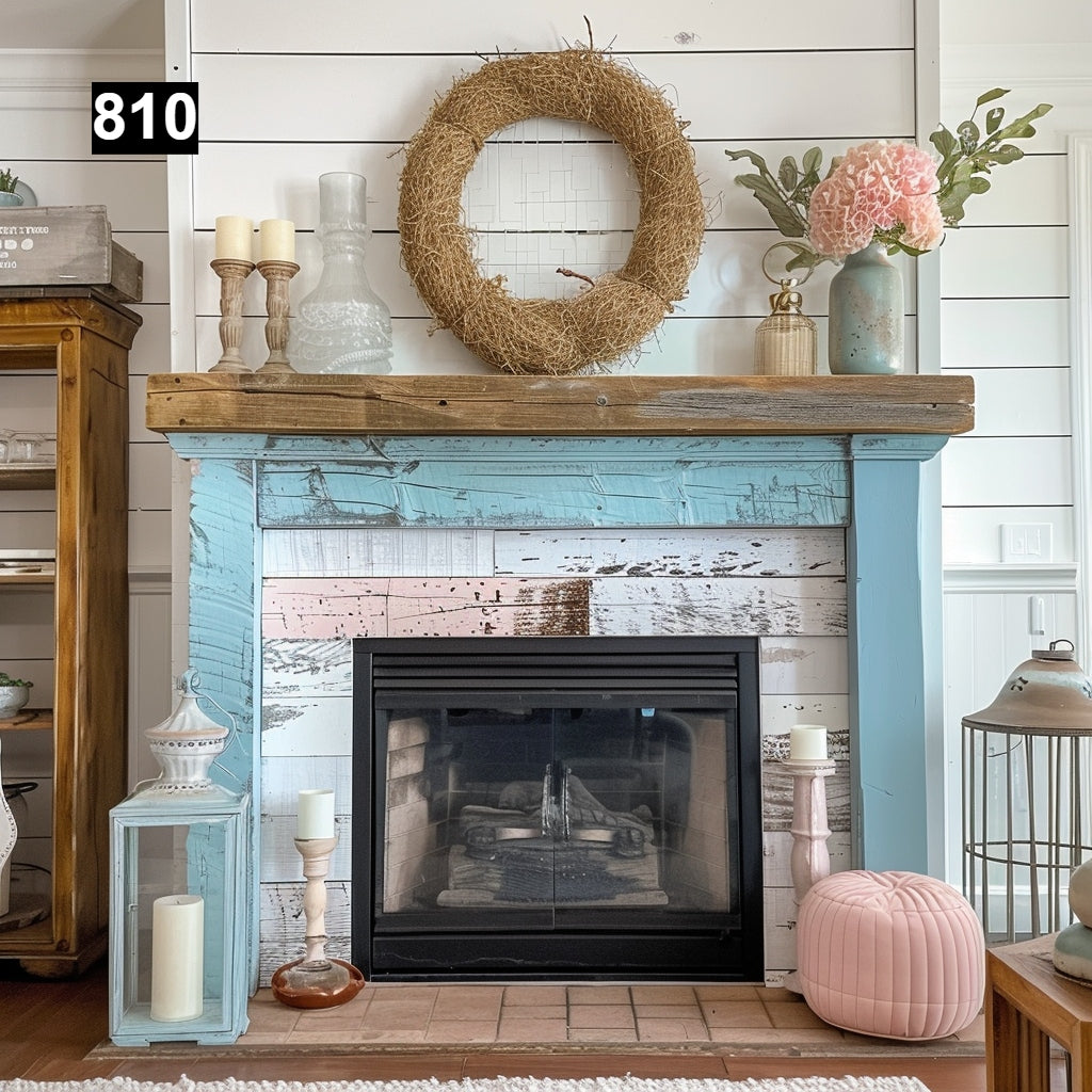 rustic reclaimed wood farmhouse custom beam floating solid distressed handcrafted barn shabby chic fireplace timber vintage style made Canada natural unique eco-friendly home decor iron legs corbels wrap-around