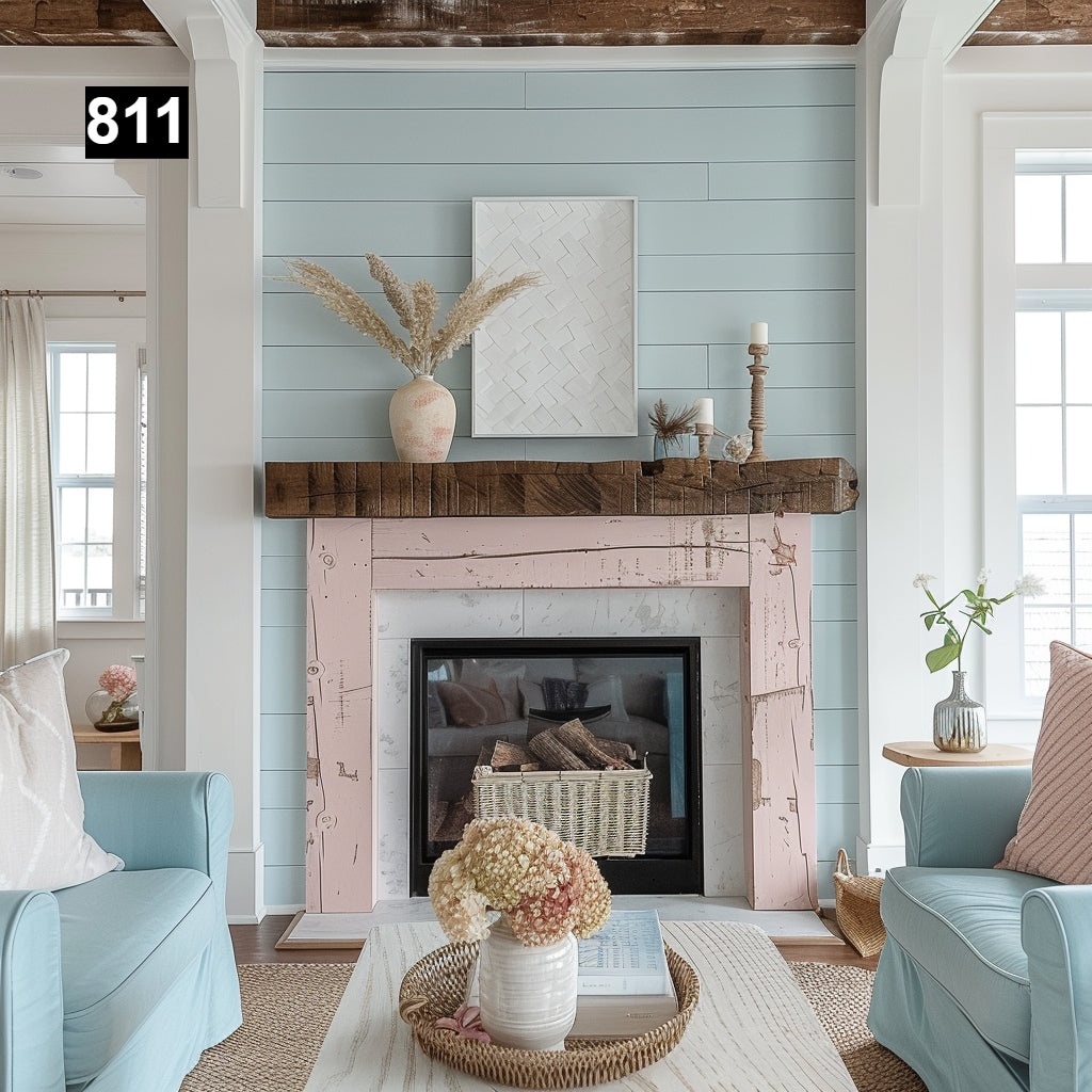 rustic reclaimed wood farmhouse custom beam floating solid distressed handcrafted barn shabby chic fireplace timber vintage style made Canada natural unique eco-friendly home decor iron legs corbels wrap-around