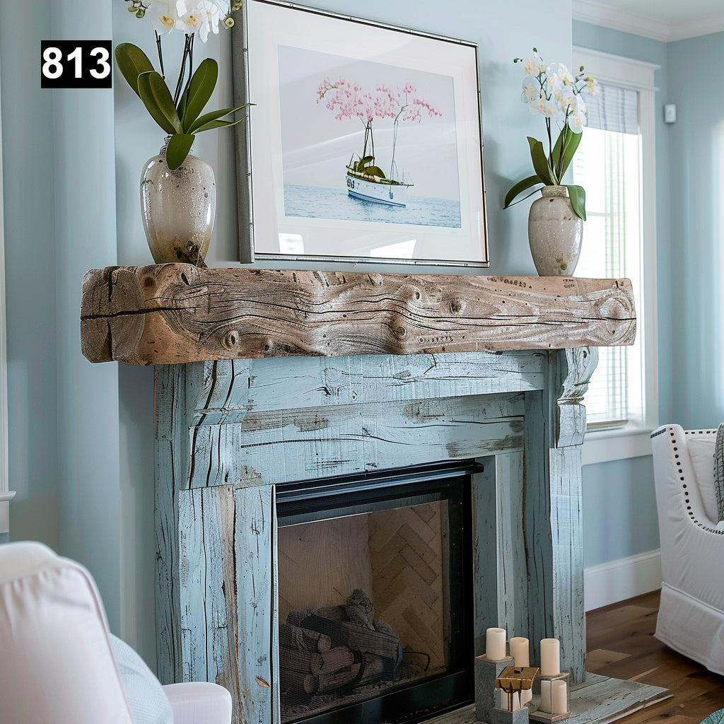rustic reclaimed wood farmhouse custom beam floating solid distressed handcrafted barn shabby chic fireplace timber vintage style made Canada natural unique eco-friendly home decor iron legs corbels wrap-around