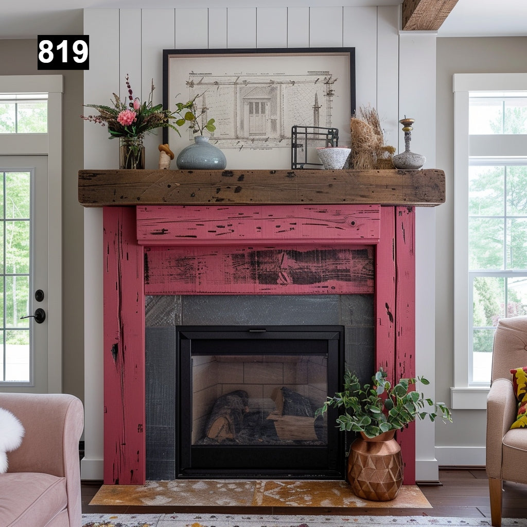 rustic reclaimed wood farmhouse custom beam floating solid distressed handcrafted barn shabby chic fireplace timber vintage style made Canada natural unique eco-friendly home decor iron legs corbels wrap-around