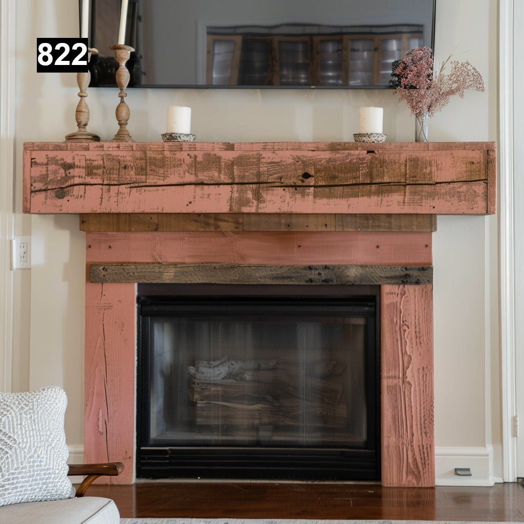 rustic reclaimed wood farmhouse custom beam floating solid distressed handcrafted barn shabby chic fireplace timber vintage style made Canada natural unique eco-friendly home decor iron legs corbels wrap-around