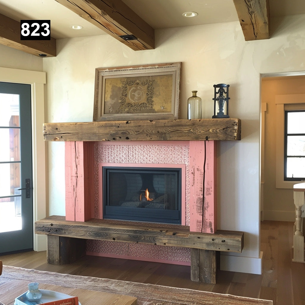 rustic reclaimed wood farmhouse custom beam floating solid distressed handcrafted barn shabby chic fireplace timber vintage style made Canada natural unique eco-friendly home decor iron legs corbels wrap-around