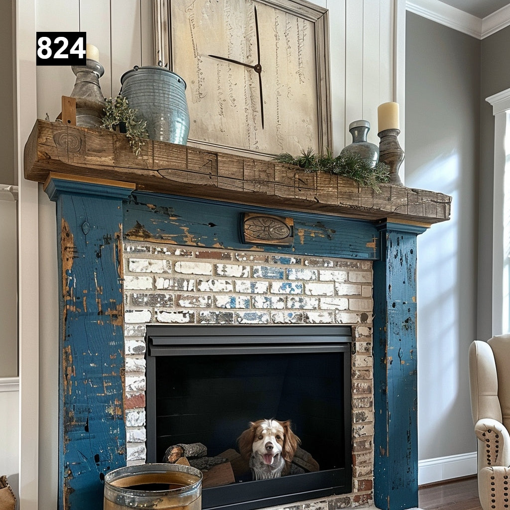 rustic reclaimed wood farmhouse custom beam floating solid distressed handcrafted barn shabby chic fireplace timber vintage style made Canada natural unique eco-friendly home decor iron legs corbels wrap-around