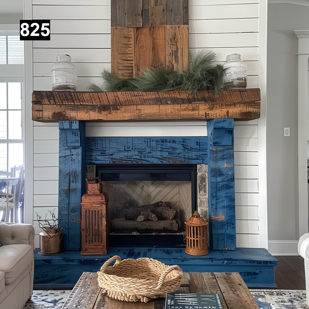 rustic reclaimed wood farmhouse custom beam floating solid distressed handcrafted barn shabby chic fireplace timber vintage style made Canada natural unique eco-friendly home decor iron legs corbels wrap-around