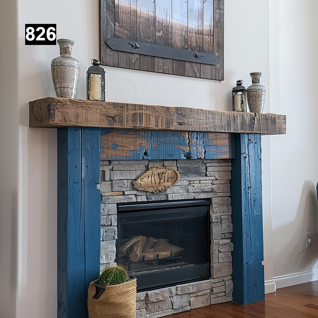 rustic reclaimed wood farmhouse custom beam floating solid distressed handcrafted barn shabby chic fireplace timber vintage style made Canada natural unique eco-friendly home decor iron legs corbels wrap-around