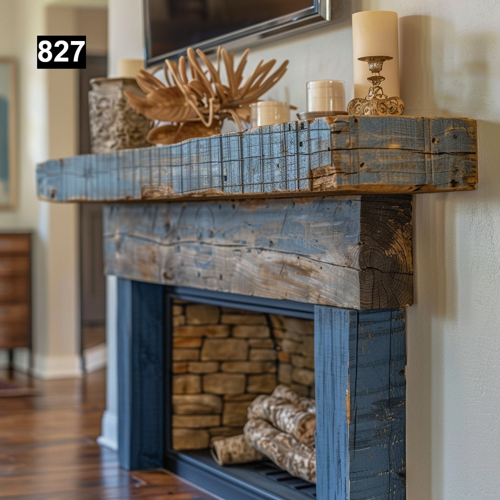 rustic reclaimed wood farmhouse custom beam floating solid distressed handcrafted barn shabby chic fireplace timber vintage style made Canada natural unique eco-friendly home decor iron legs corbels wrap-around