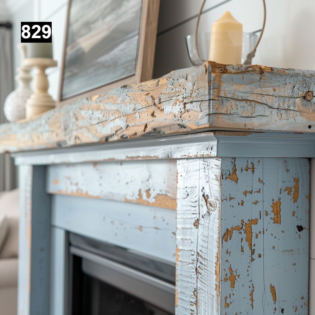 rustic reclaimed wood farmhouse custom beam floating solid distressed handcrafted barn shabby chic fireplace timber vintage style made Canada natural unique eco-friendly home decor iron legs corbels wrap-around
