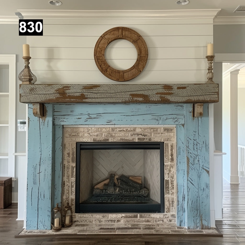 Custom reclaimed wood beam fireplace mantel colored