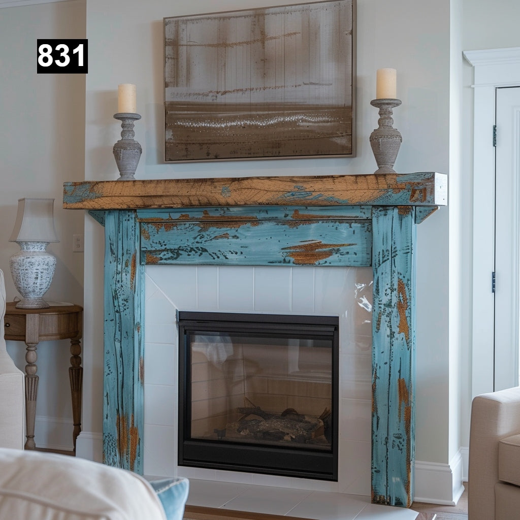 rustic reclaimed wood farmhouse custom beam floating solid distressed handcrafted barn shabby chic fireplace timber vintage style made Canada natural unique eco-friendly home decor iron legs corbels wrap-around