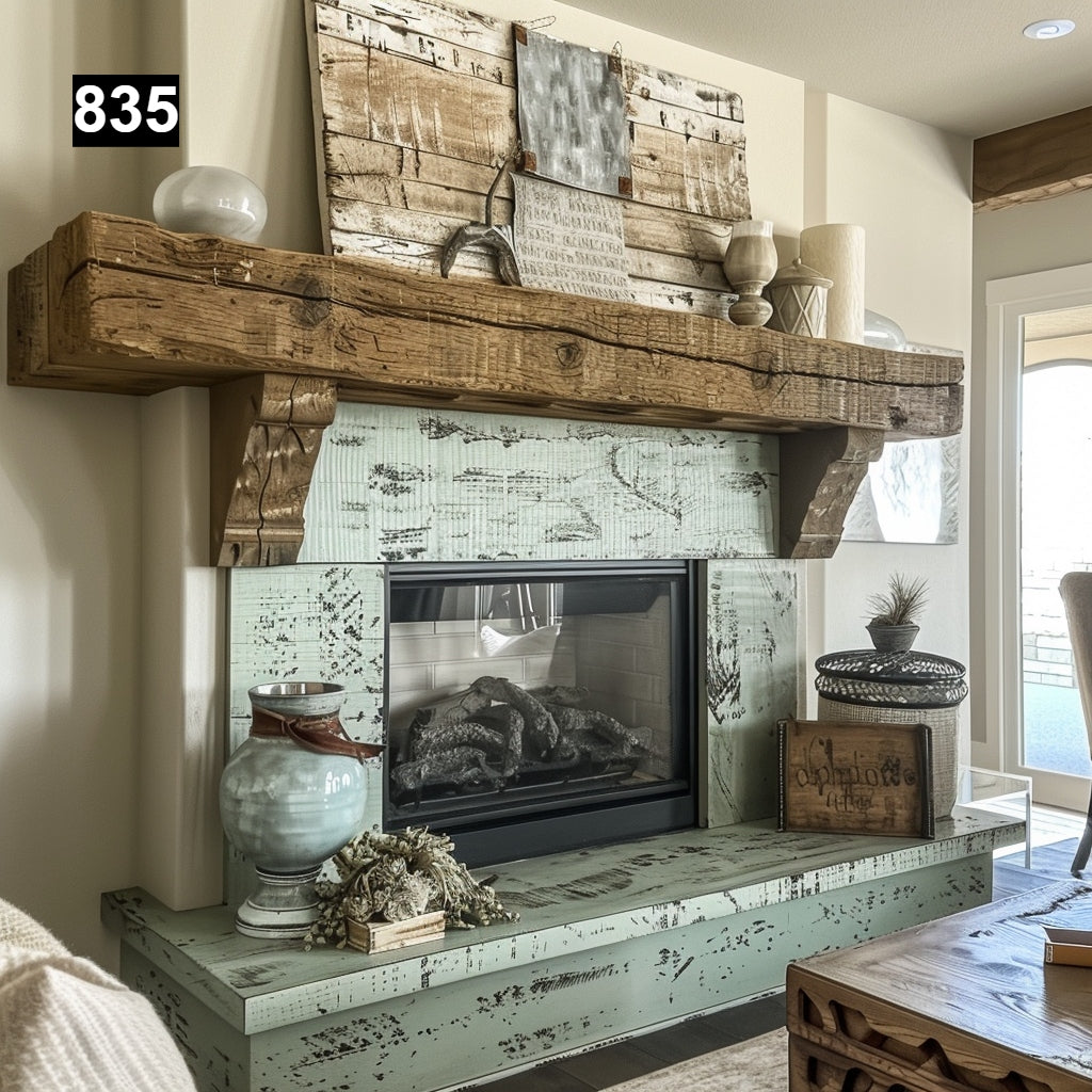 rustic reclaimed wood farmhouse custom beam floating solid distressed handcrafted barn shabby chic fireplace timber vintage style made Canada natural unique eco-friendly home decor iron legs corbels wrap-around