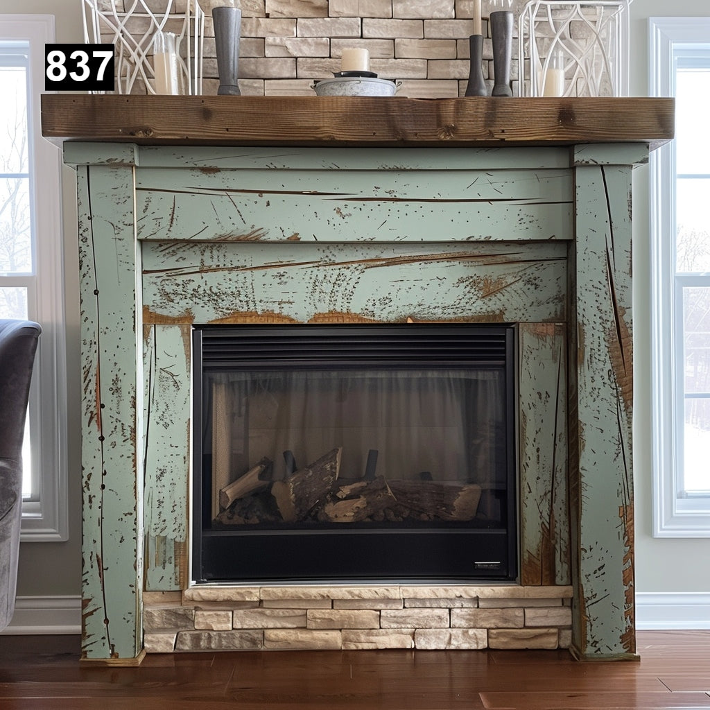 rustic reclaimed wood farmhouse custom beam floating solid distressed handcrafted barn shabby chic fireplace timber vintage style made Canada natural unique eco-friendly home decor iron legs corbels wrap-around