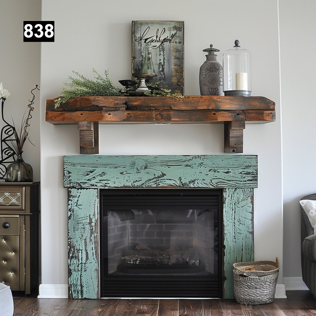 rustic reclaimed wood farmhouse custom beam floating solid distressed handcrafted barn shabby chic fireplace timber vintage style made Canada natural unique eco-friendly home decor iron legs corbels wrap-around