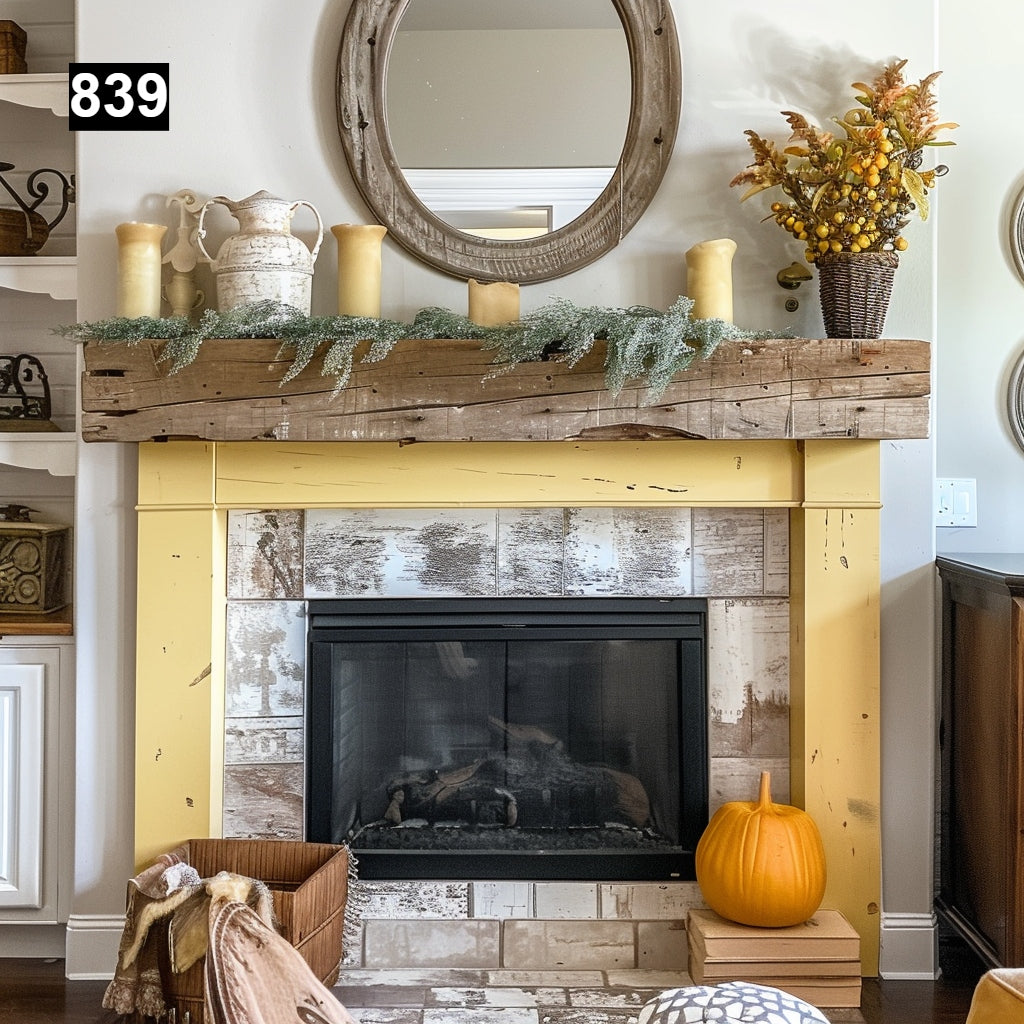 rustic reclaimed wood farmhouse custom beam floating solid distressed handcrafted barn shabby chic fireplace timber vintage style made Canada natural unique eco-friendly home decor iron legs corbels wrap-around
