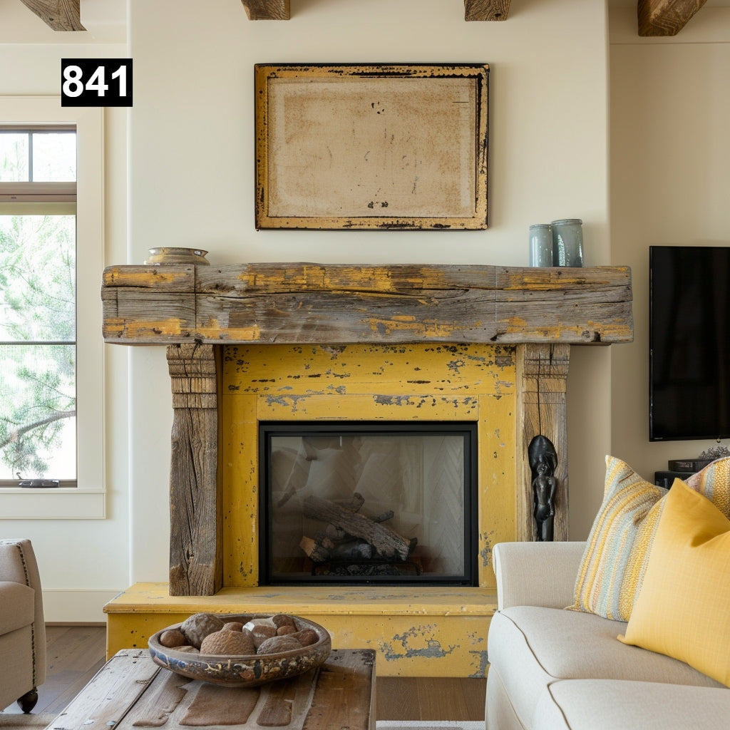 rustic reclaimed wood farmhouse custom beam floating solid distressed handcrafted barn shabby chic fireplace timber vintage style made Canada natural unique eco-friendly home decor iron legs corbels wrap-around