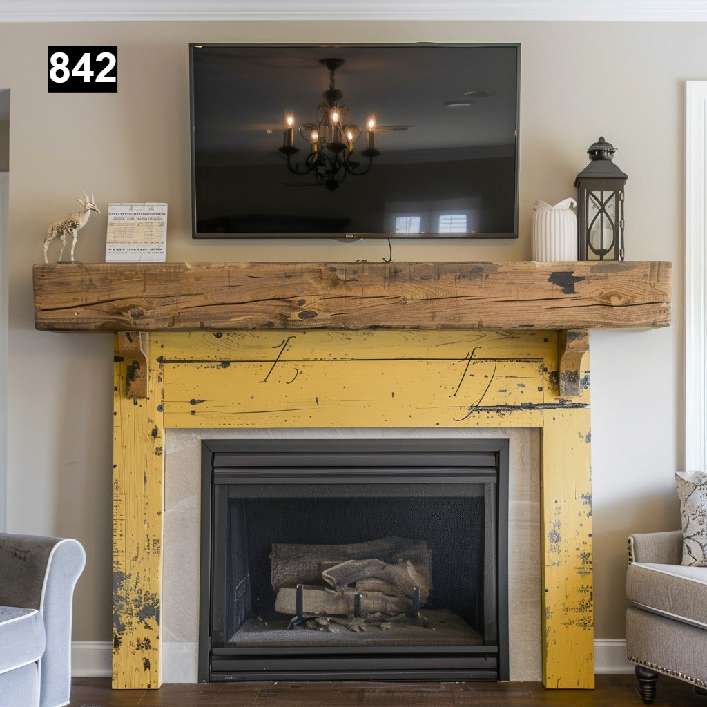 rustic reclaimed wood farmhouse custom beam floating solid distressed handcrafted barn shabby chic fireplace timber vintage style made Canada natural unique eco-friendly home decor iron legs corbels wrap-around