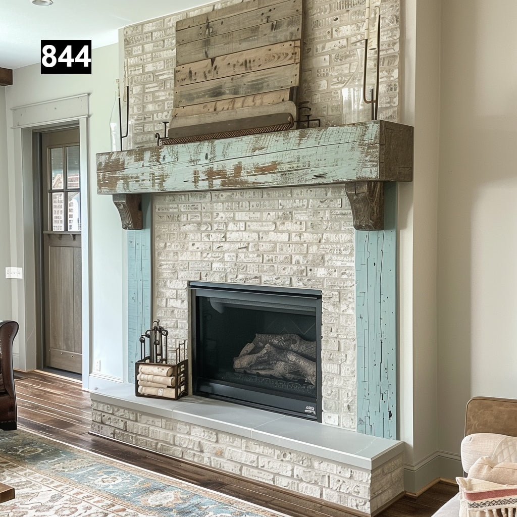 rustic reclaimed wood farmhouse custom beam floating solid distressed handcrafted barn shabby chic fireplace timber vintage style made Canada natural unique eco-friendly home decor iron legs corbels wrap-around