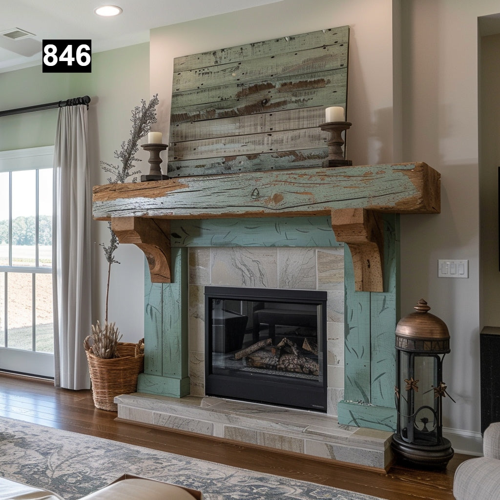 rustic reclaimed wood farmhouse custom beam floating solid distressed handcrafted barn shabby chic fireplace timber vintage style made Canada natural unique eco-friendly home decor iron legs corbels wrap-around