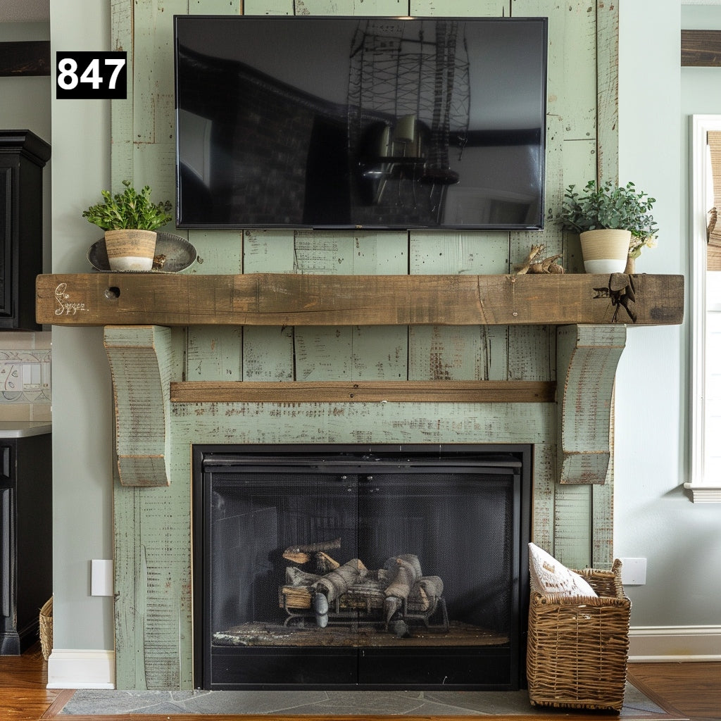 rustic reclaimed wood farmhouse custom beam floating solid distressed handcrafted barn shabby chic fireplace timber vintage style made Canada natural unique eco-friendly home decor iron legs corbels wrap-around