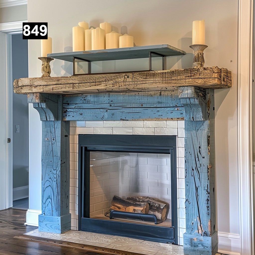 rustic reclaimed wood farmhouse custom beam floating solid distressed handcrafted barn shabby chic fireplace timber vintage style made Canada natural unique eco-friendly home decor iron legs corbels wrap-around