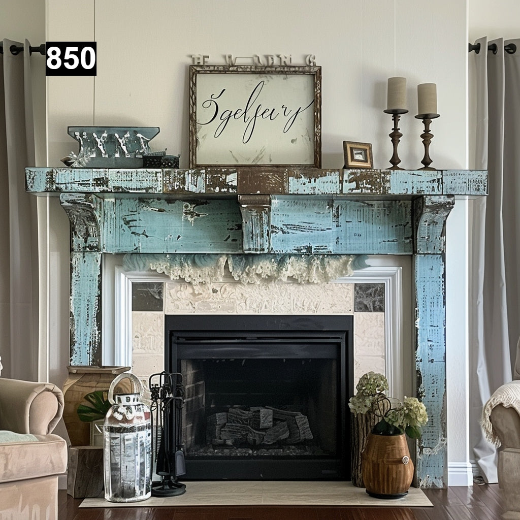 rustic reclaimed wood farmhouse custom beam floating solid distressed handcrafted barn shabby chic fireplace timber vintage style made Canada natural unique eco-friendly home decor iron legs corbels wrap-around