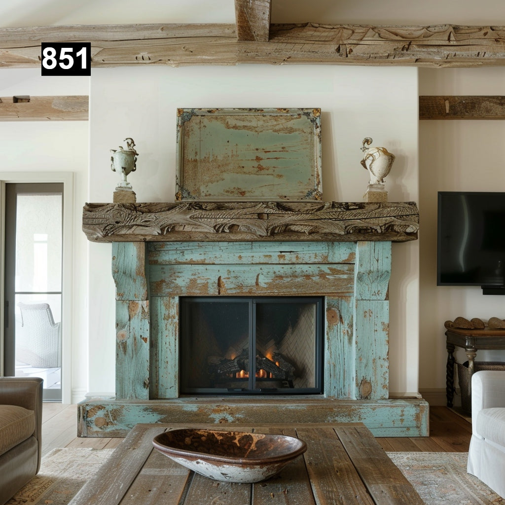 rustic reclaimed wood farmhouse custom beam floating solid distressed handcrafted barn shabby chic fireplace timber vintage style made Canada natural unique eco-friendly home decor iron legs corbels wrap-around