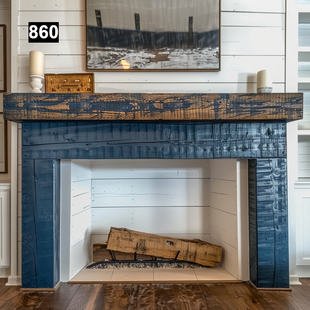 Custom reclaimed wood beam fireplace mantel colored