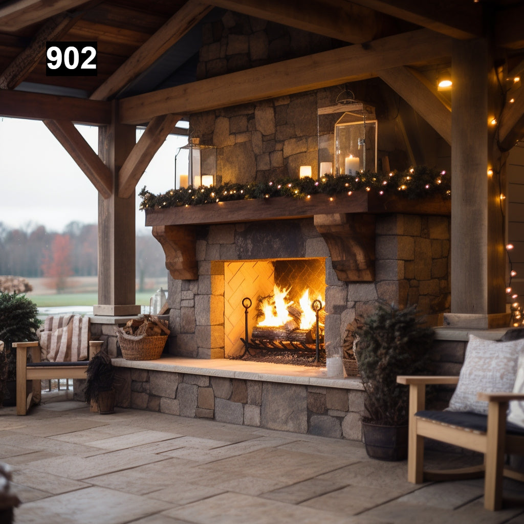 Custom reclaimed wood beam fireplace mantel outdoor