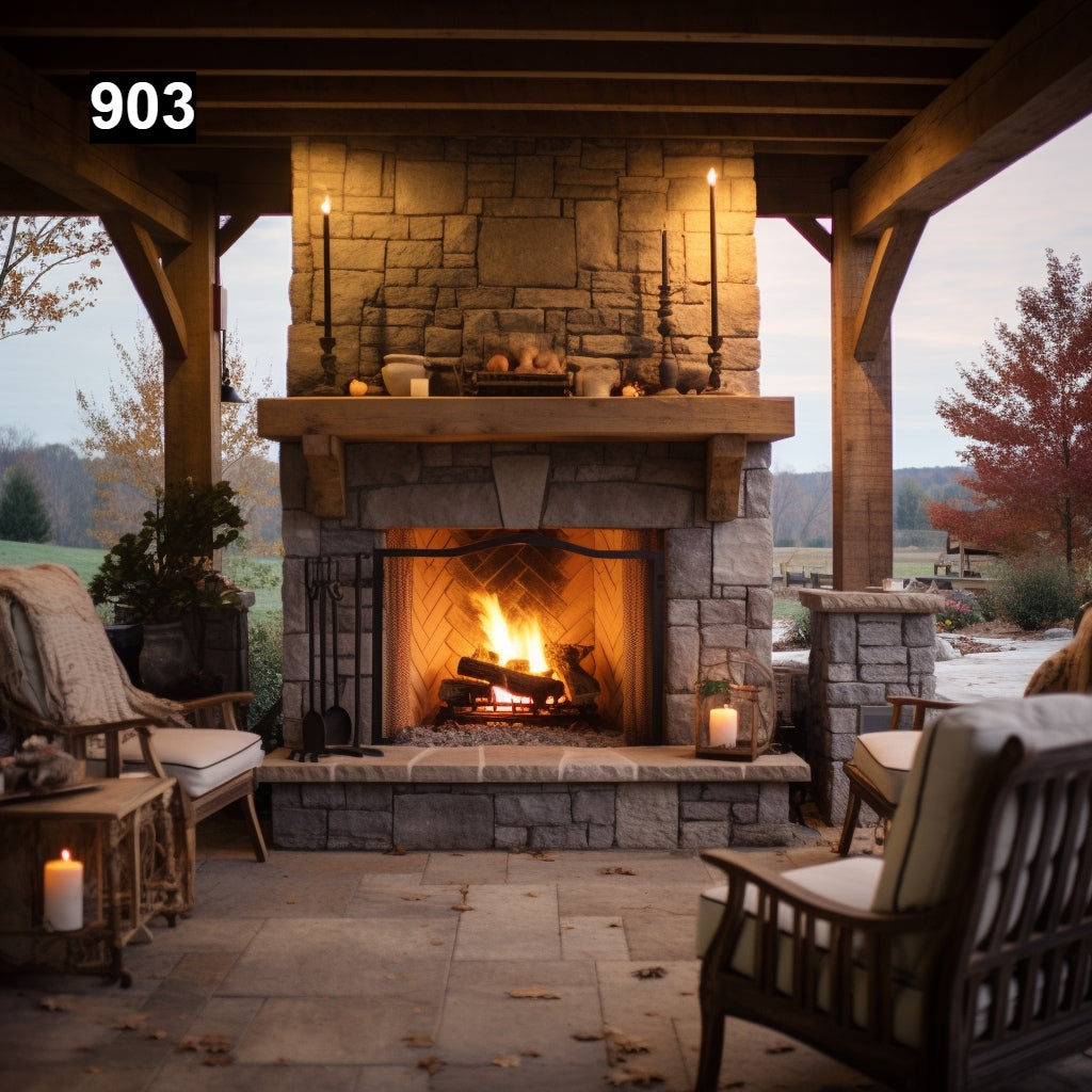 Custom reclaimed wood beam fireplace mantel outdoor