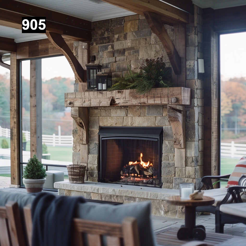 Custom reclaimed wood beam fireplace mantel outdoor