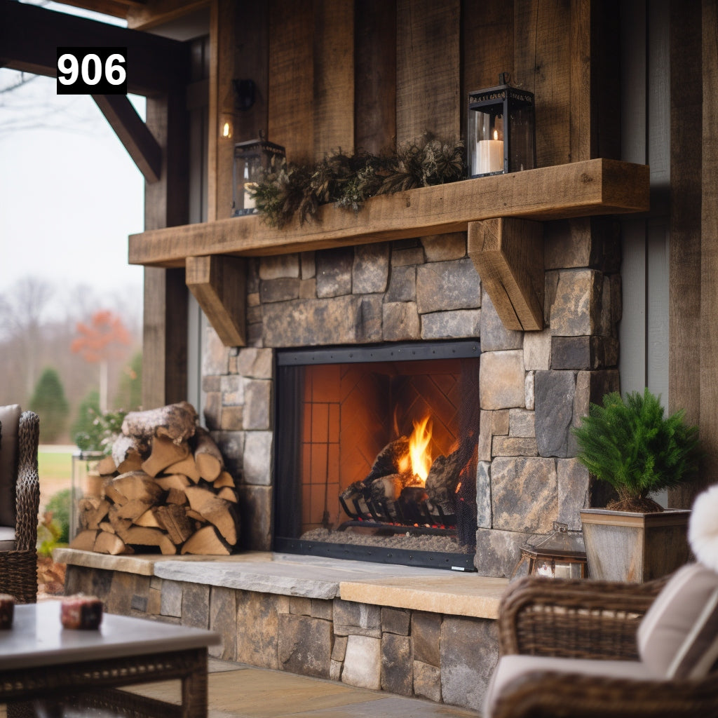 Custom reclaimed wood beam fireplace mantel outdoor