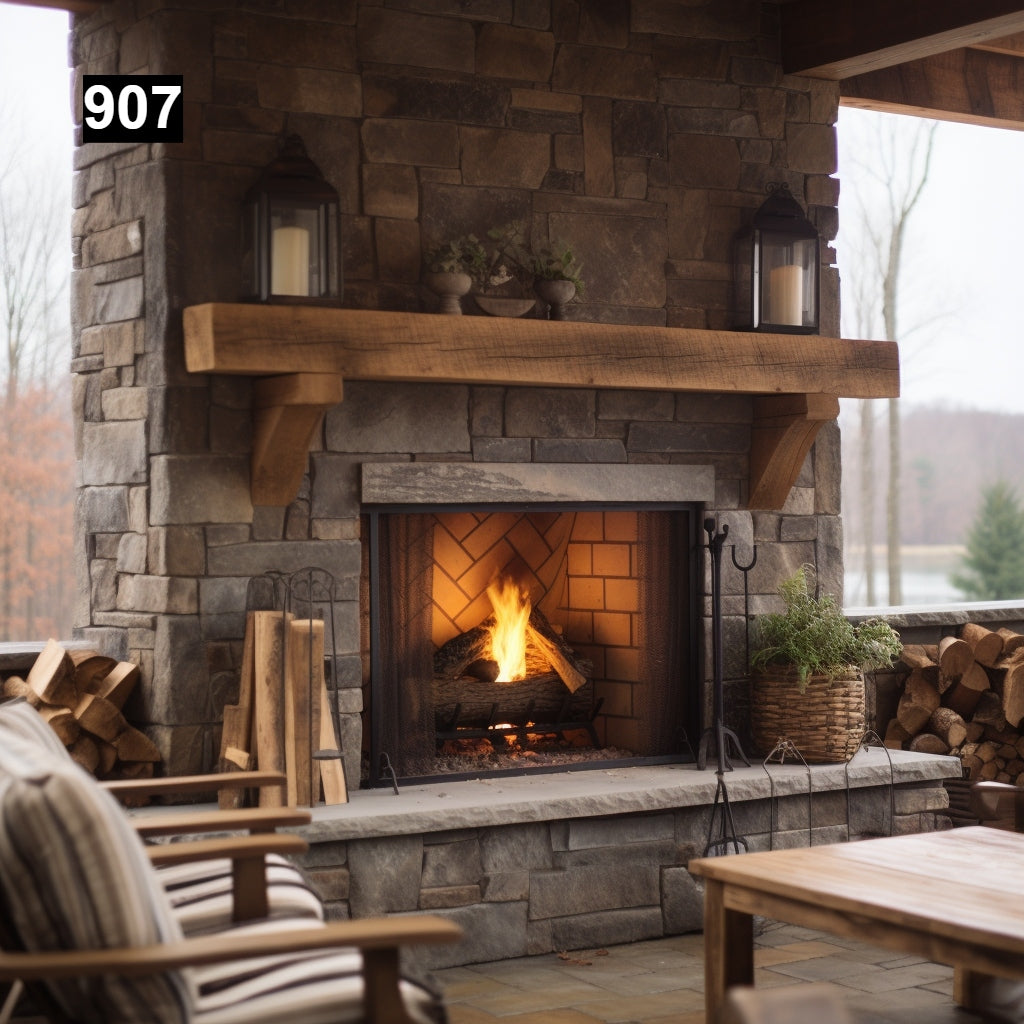 rustic reclaimed wood farmhouse custom beam floating solid distressed handcrafted barn shabby chic fireplace timber vintage style made Canada natural unique eco-friendly home decor iron legs corbels wrap-around