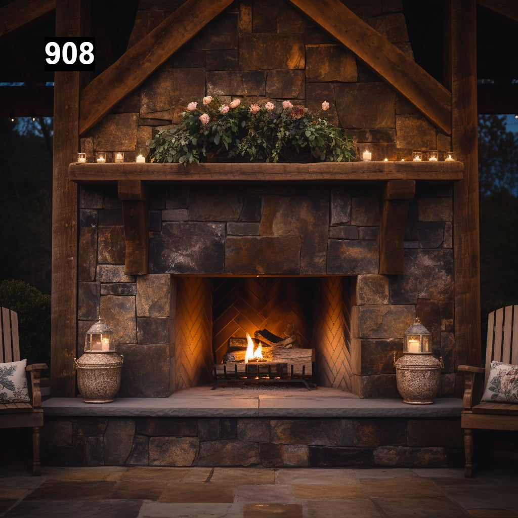 Custom reclaimed wood beam fireplace mantel outdoor
