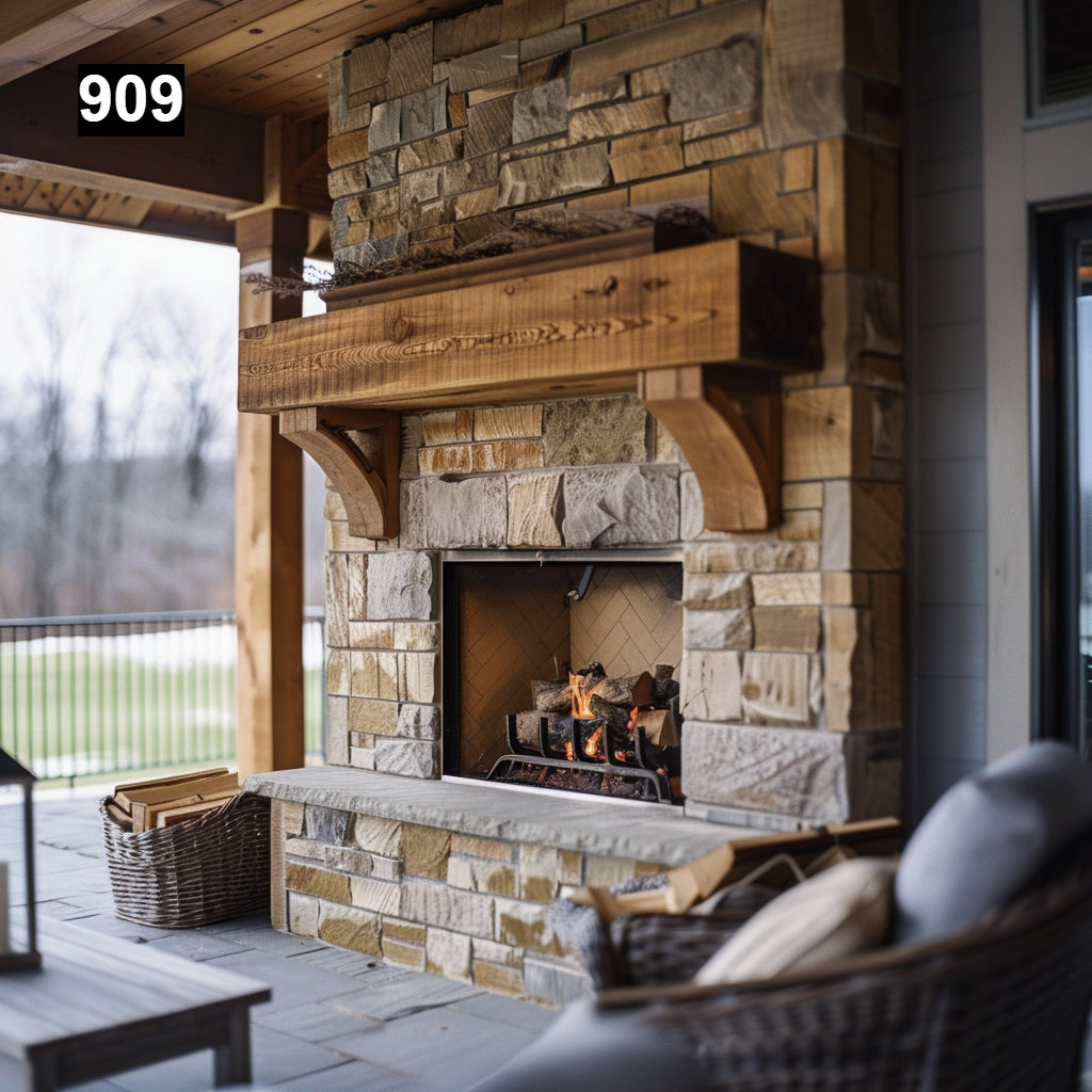 Custom reclaimed wood beam fireplace mantel outdoor