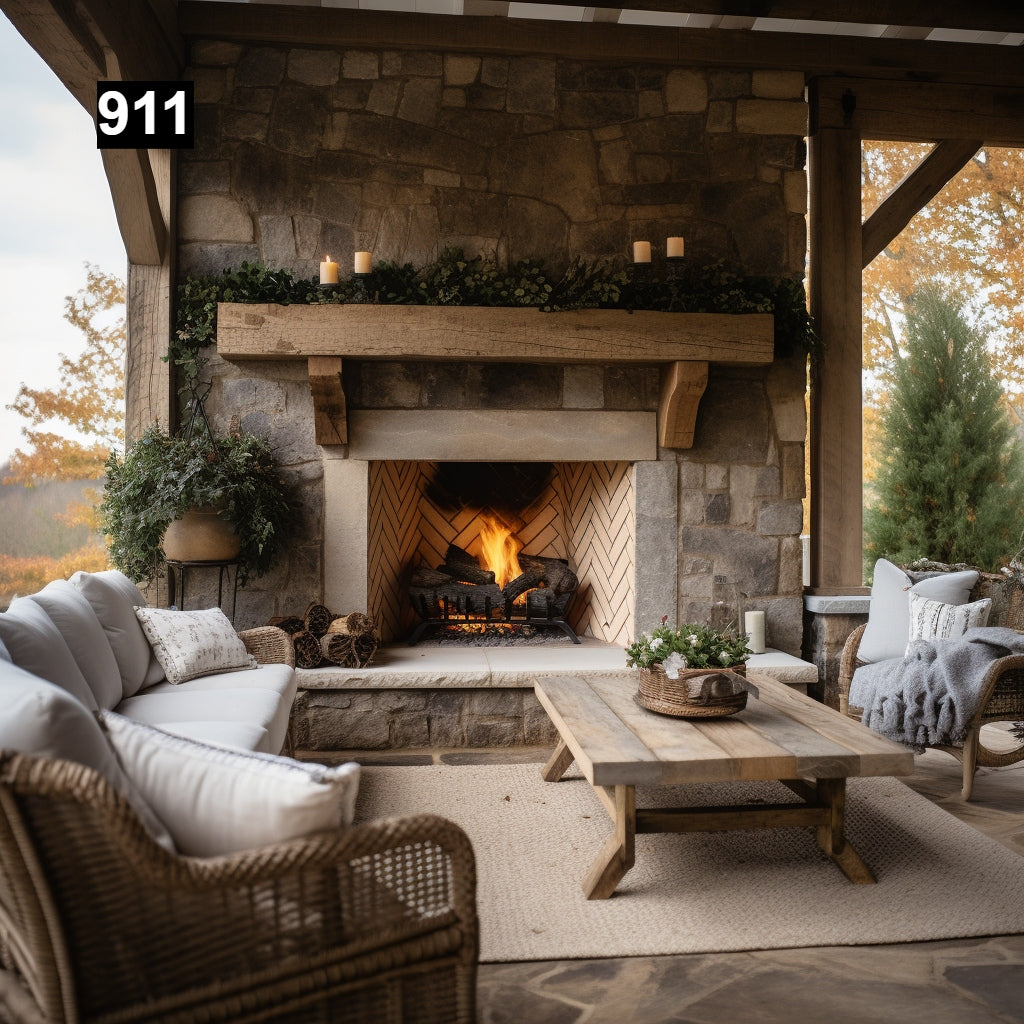 Custom reclaimed wood beam fireplace mantel outdoor