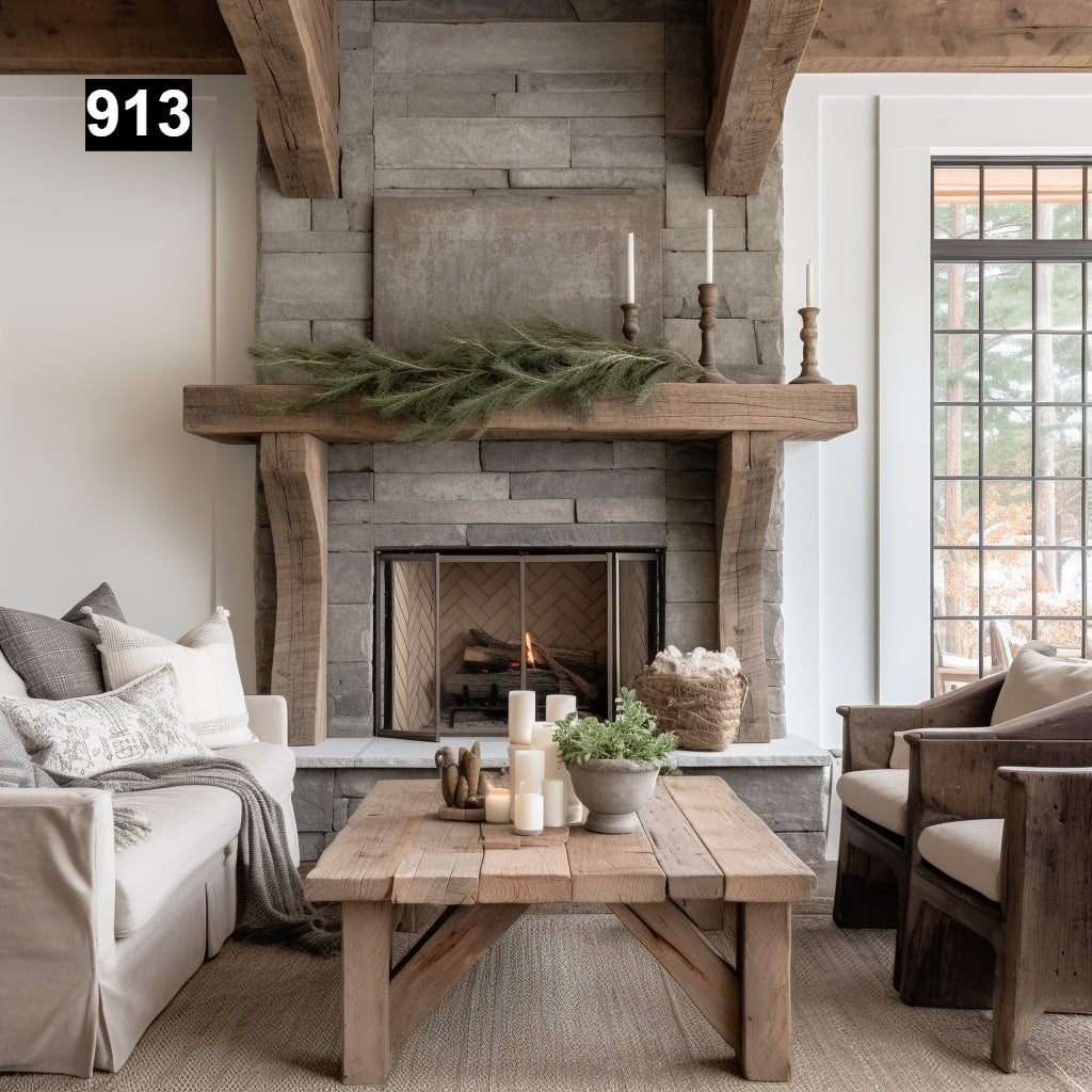 Custom reclaimed wood beam fireplace mantel outdoor