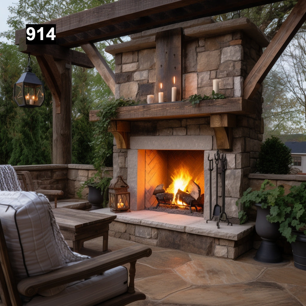Custom reclaimed wood beam fireplace mantel outdoor
