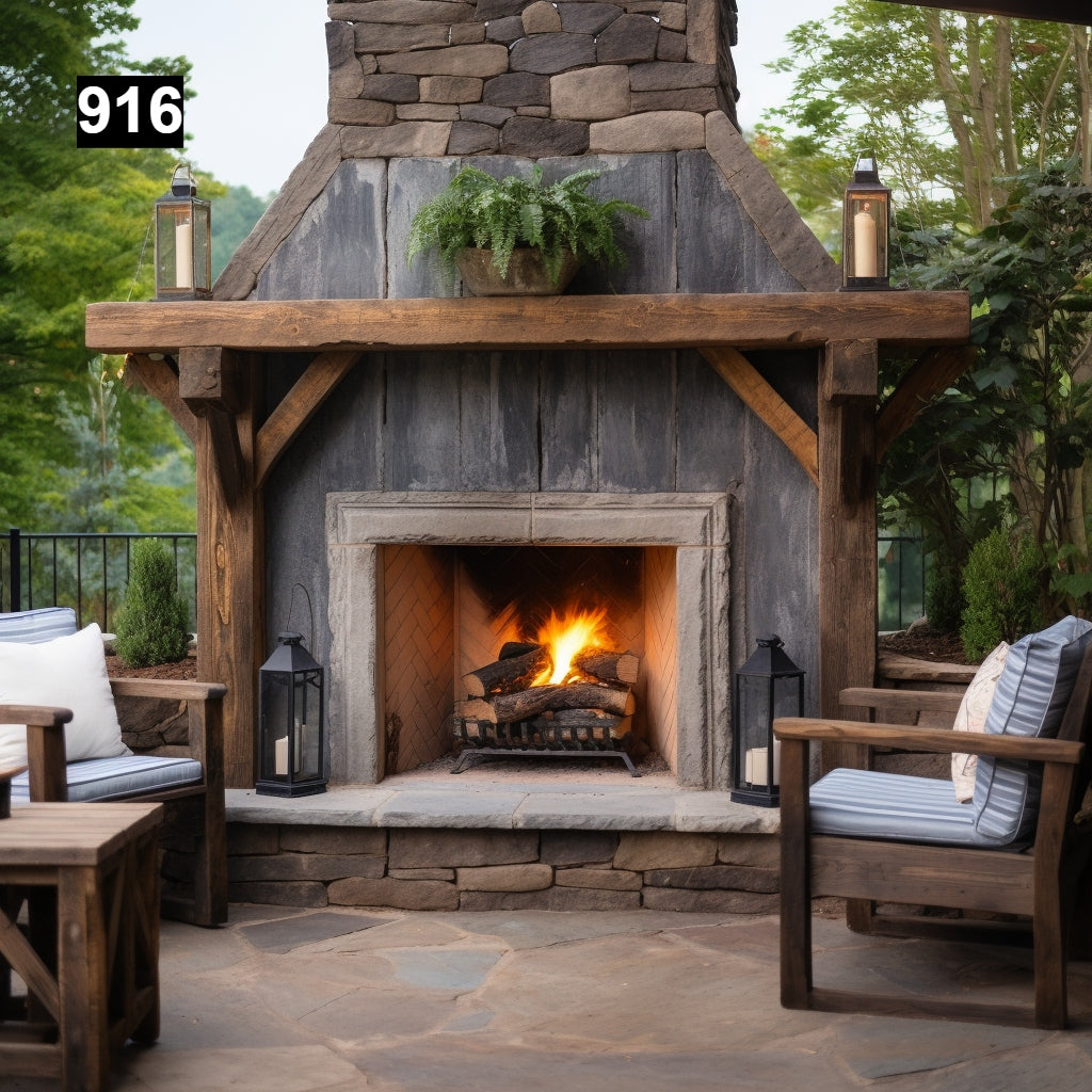 Custom reclaimed wood beam fireplace mantel outdoor