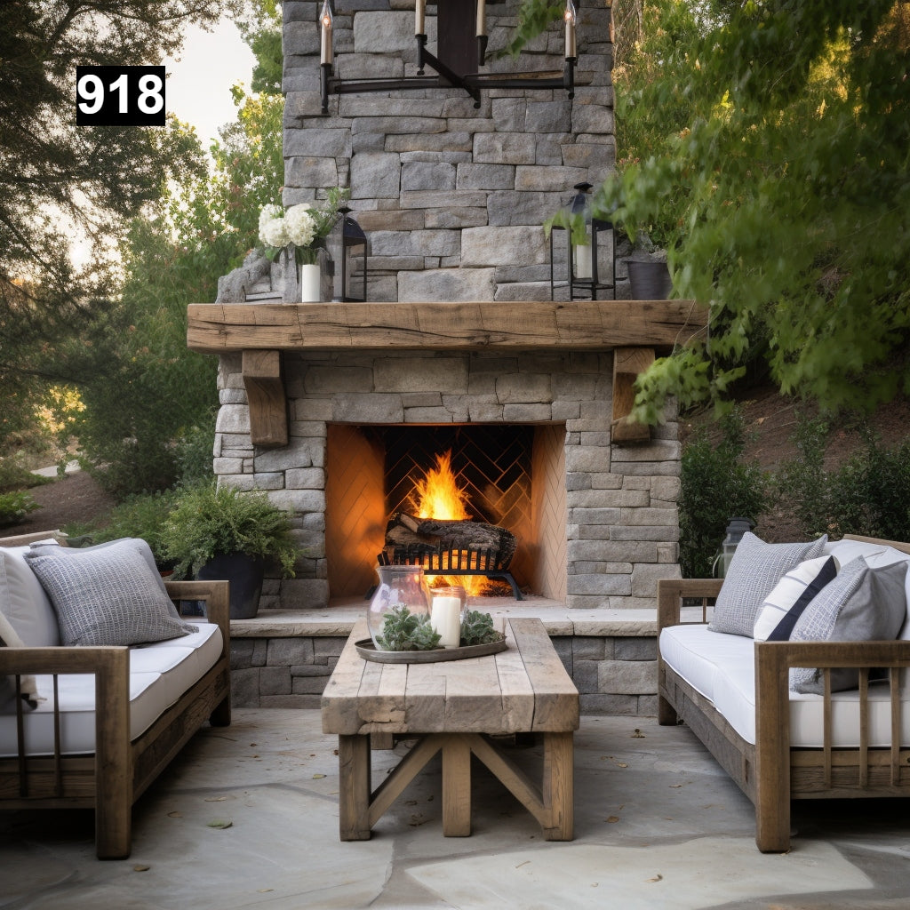 Custom reclaimed wood beam fireplace mantel outdoor