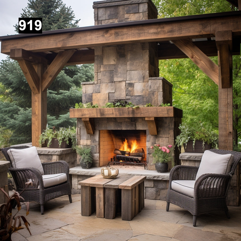 Custom reclaimed wood beam fireplace mantel outdoor
