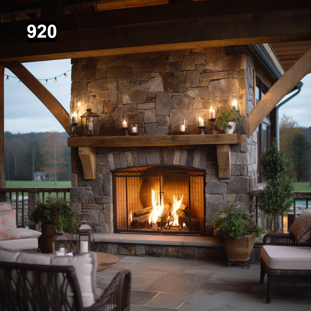 Custom reclaimed wood beam fireplace mantel outdoor