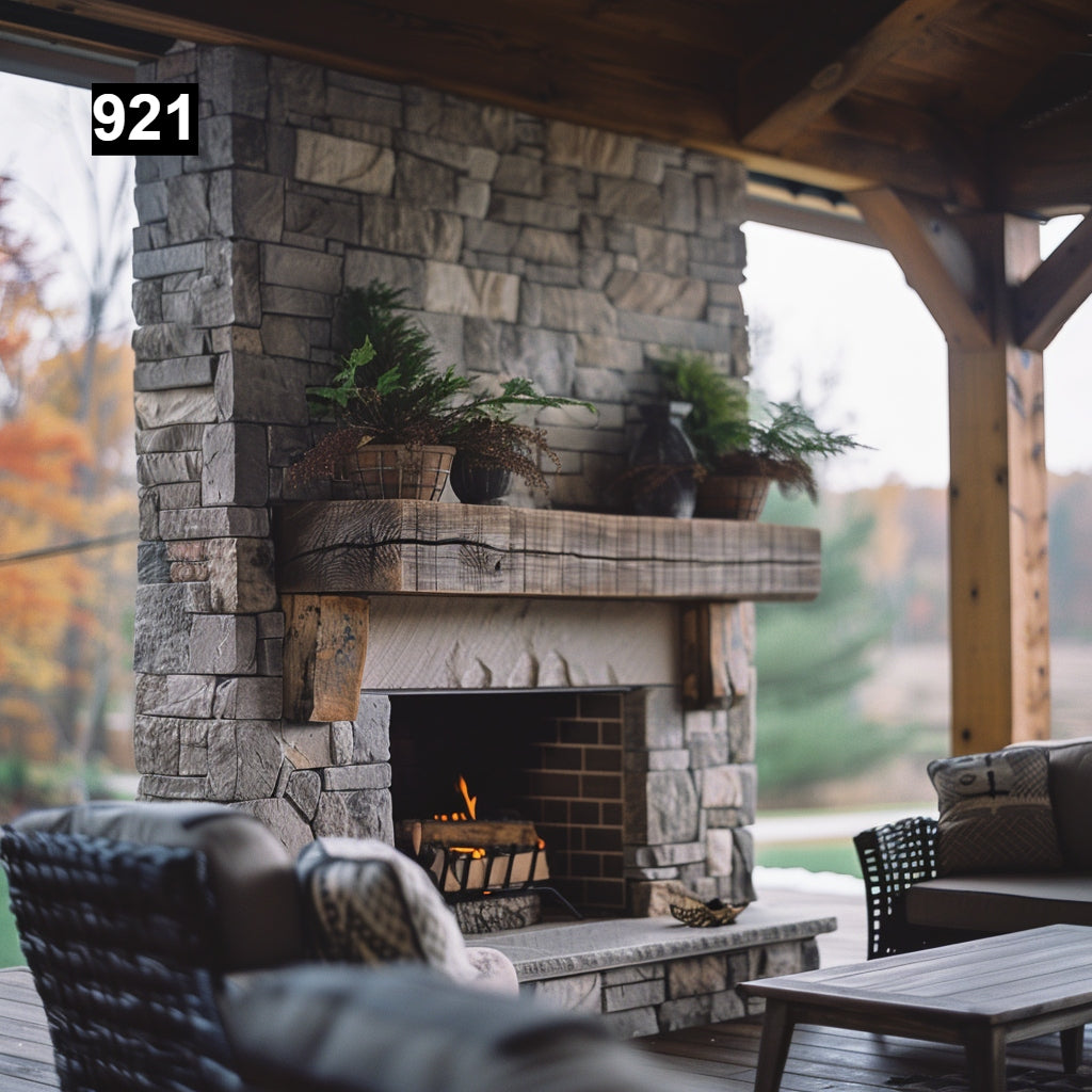 Custom reclaimed wood beam fireplace mantel outdoor
