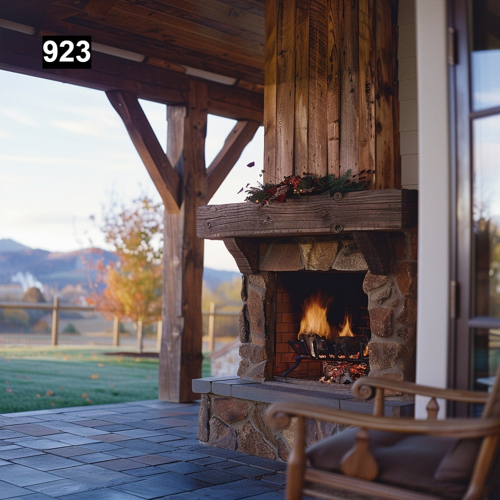 Custom reclaimed wood beam fireplace mantel outdoor