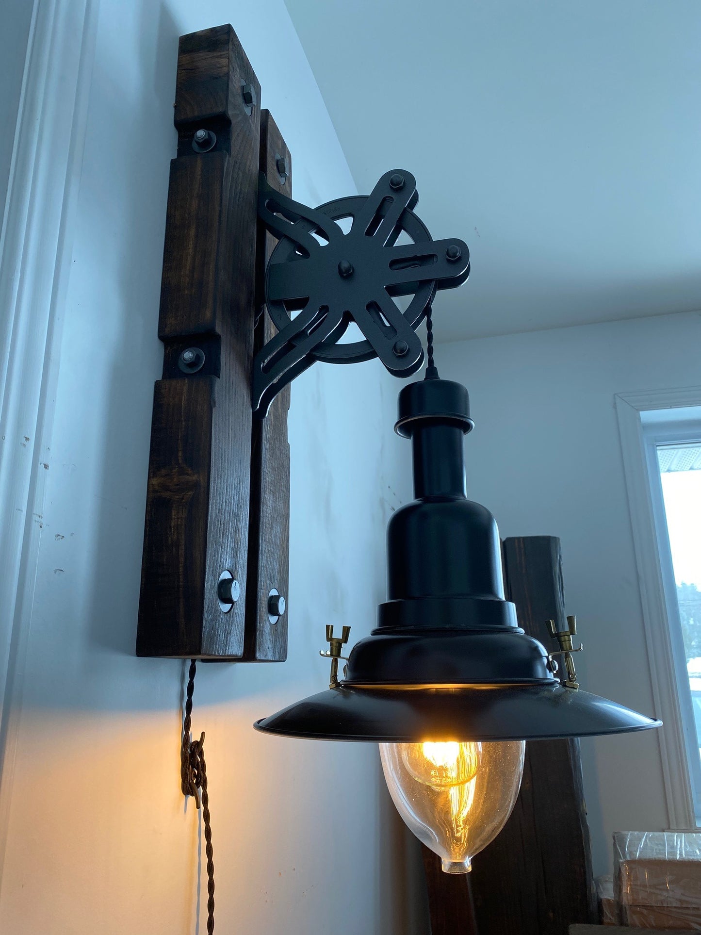 Rustic Industrial Pulley Wall Lamp L30