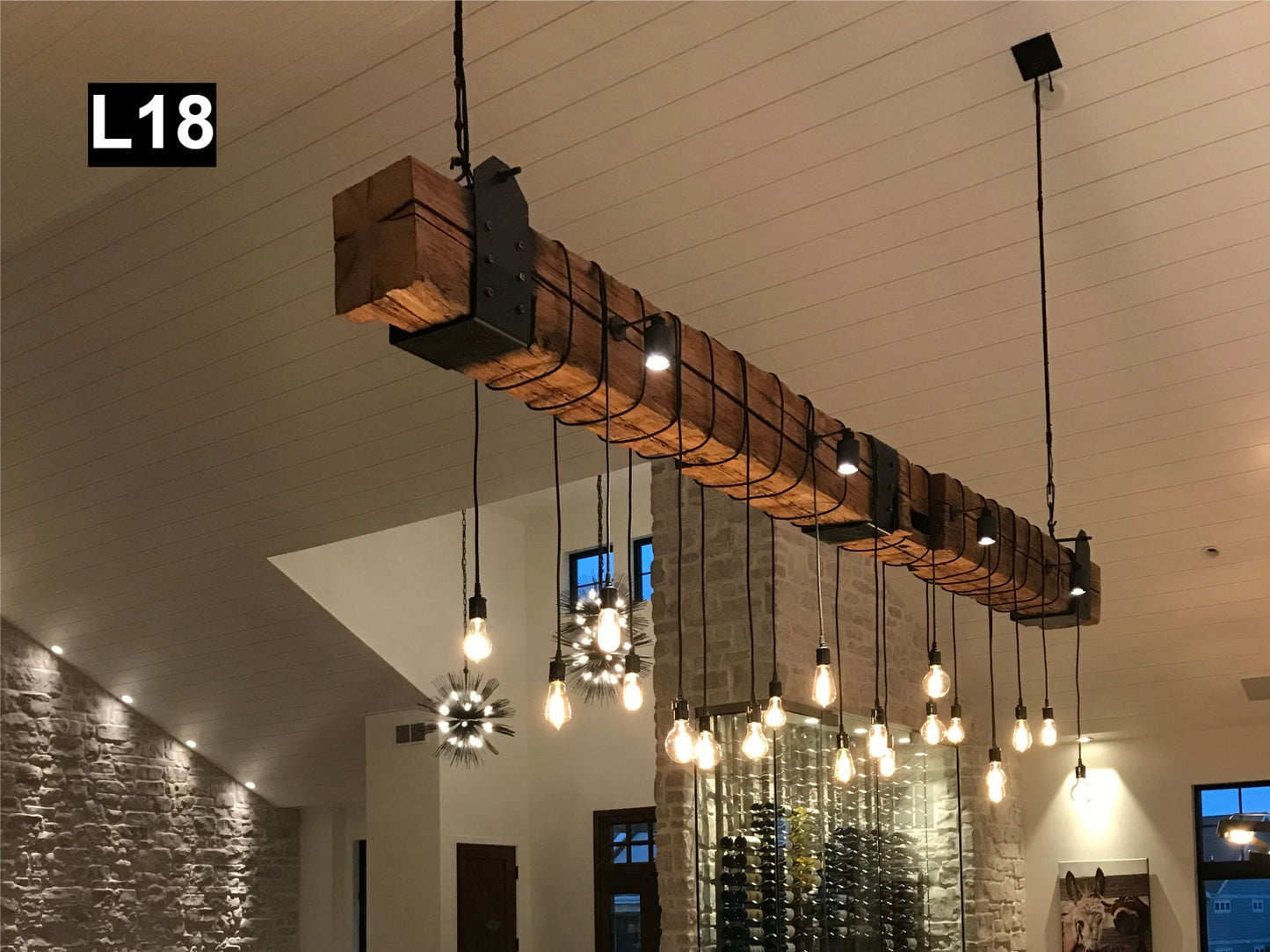 reclaimed wood beam chandelier pendant lamp light distressed barn iron glass chain edison rustic farmhouse vintage industrial handmade custom ceiling fixture lighting bulb loft kitchen dining entryway linear dimmer statement mason jars hay trolley