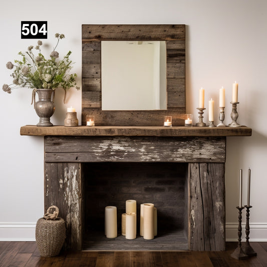 Custom reclaimed wood beam fireplace mantel