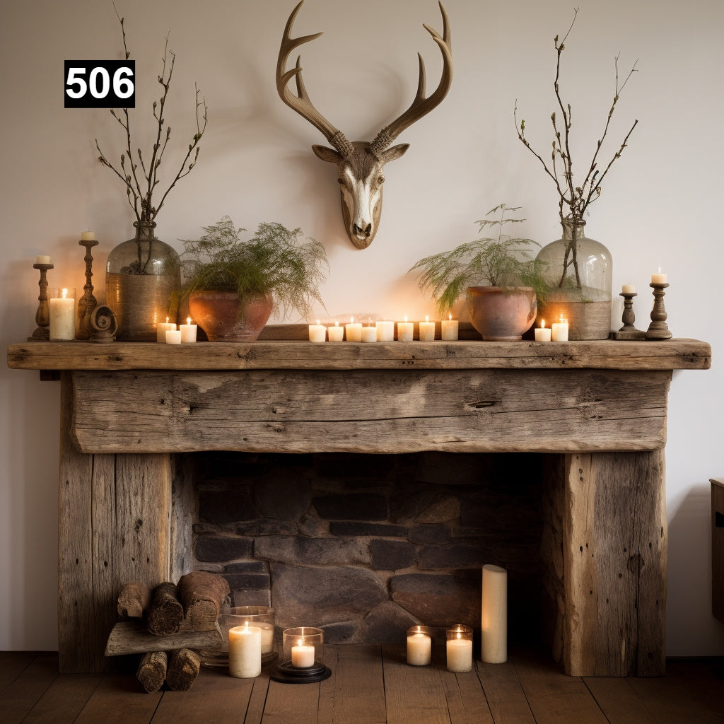 Custom reclaimed wood beam fireplace mantel